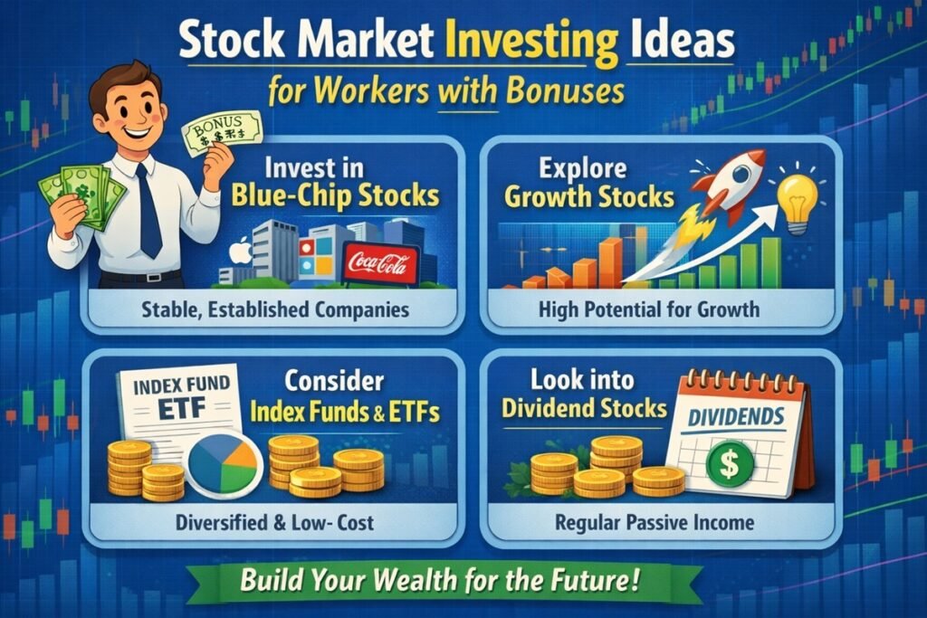 Smart stock market investing ideas for workers with bonuses including index funds, blue-chip stocks, and SIP strategies